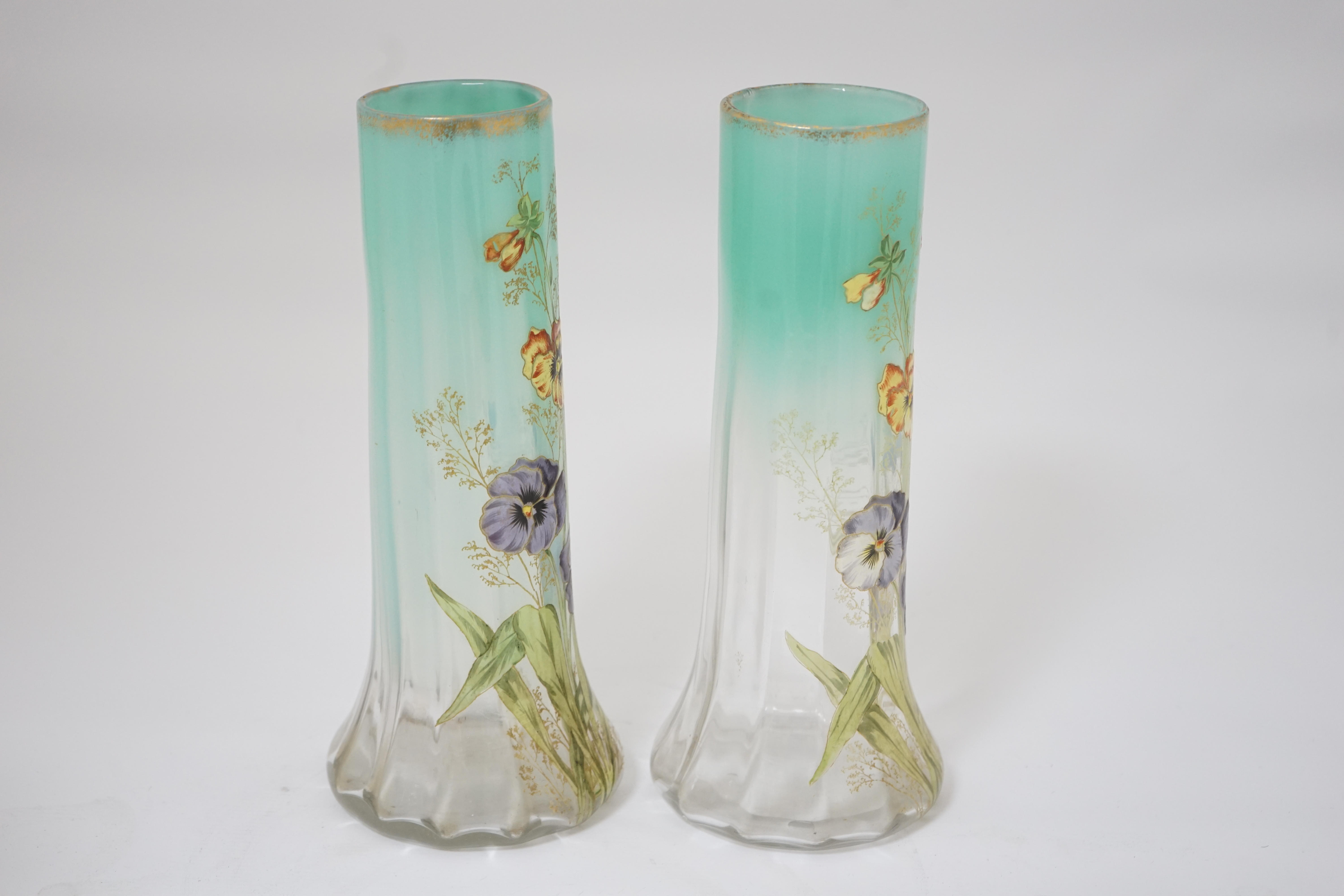 A pair of Bohemian ‘pansy’ enamelled glass vases, Moser, late 19th century, 29.8cm